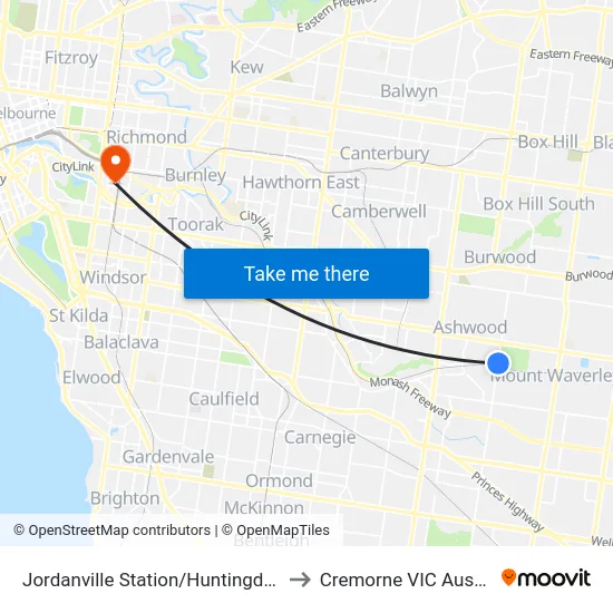 Jordanville Station/Huntingdale Rd to Cremorne VIC Australia map