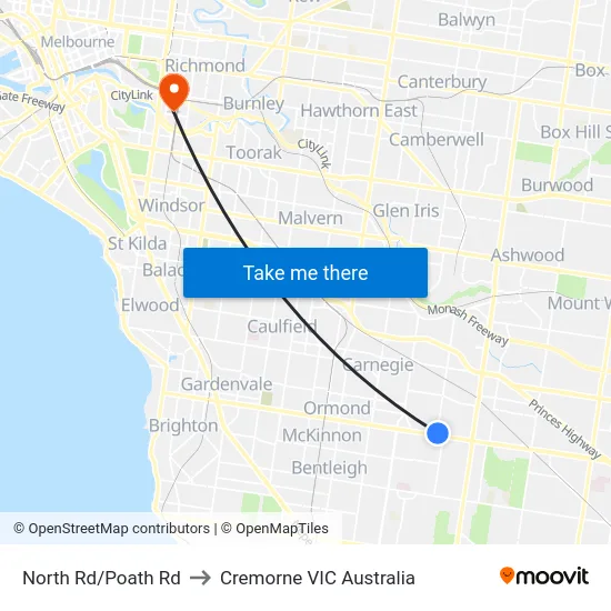 North Rd/Poath Rd to Cremorne VIC Australia map