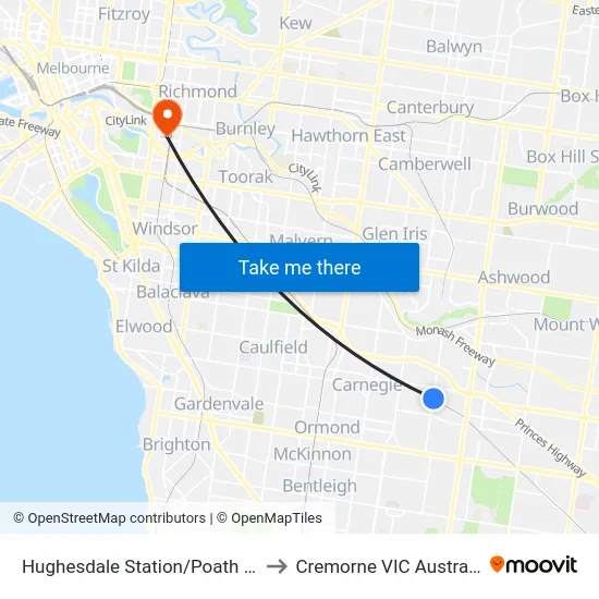 Hughesdale Station/Poath Rd to Cremorne VIC Australia map