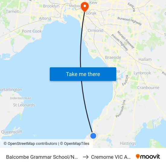 Balcombe Grammar School/Nepean Hwy to Cremorne VIC Australia map