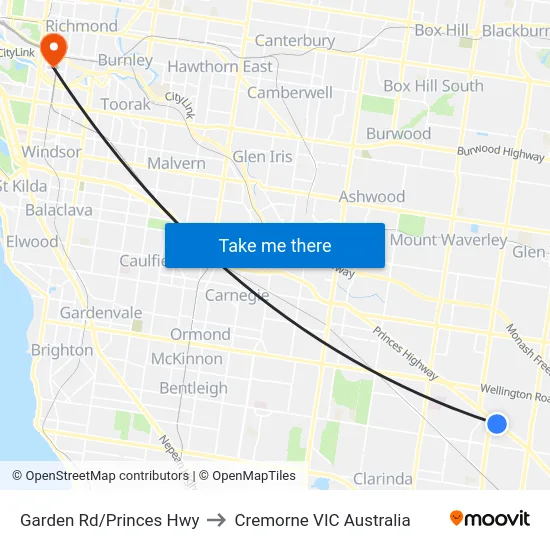 Garden Rd/Princes Hwy to Cremorne VIC Australia map