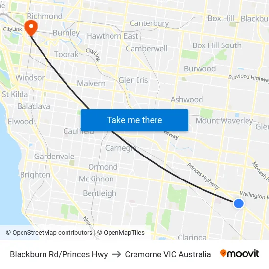 Blackburn Rd/Princes Hwy to Cremorne VIC Australia map