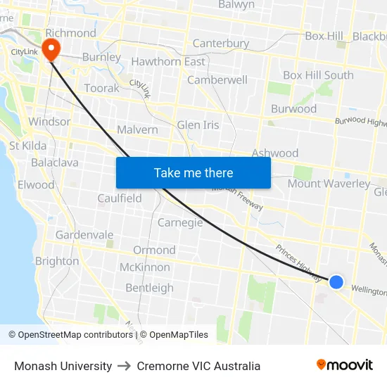 Monash University to Cremorne VIC Australia map