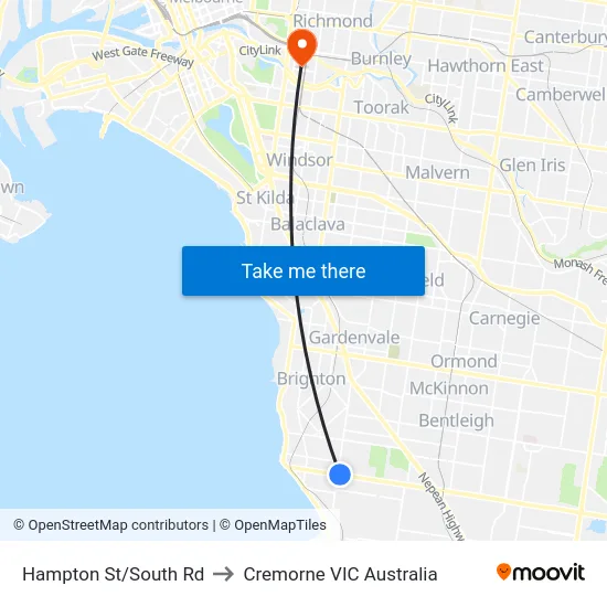 Hampton St/South Rd to Cremorne VIC Australia map