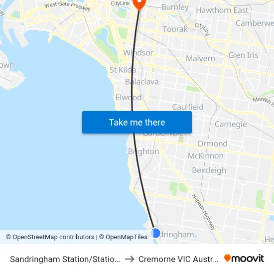 Sandringham Station/Station St to Cremorne VIC Australia map
