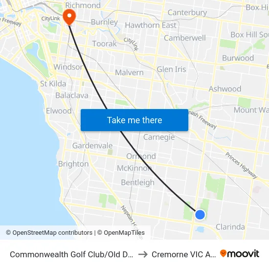 Commonwealth Golf Club/Old Dandenong Rd to Cremorne VIC Australia map