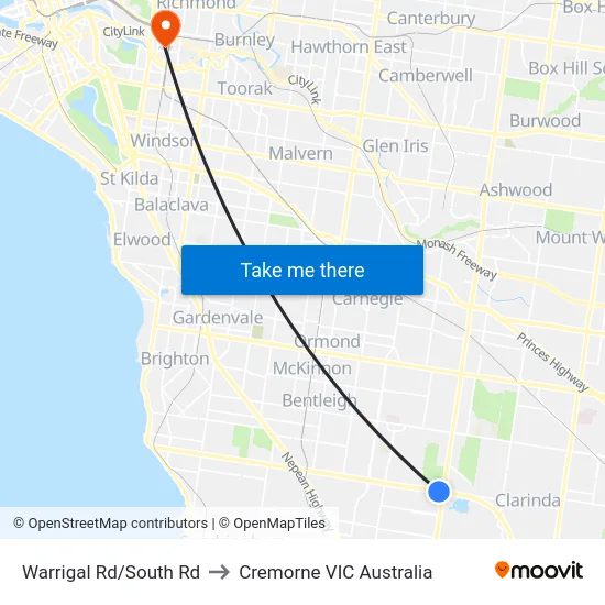 Warrigal Rd/South Rd to Cremorne VIC Australia map