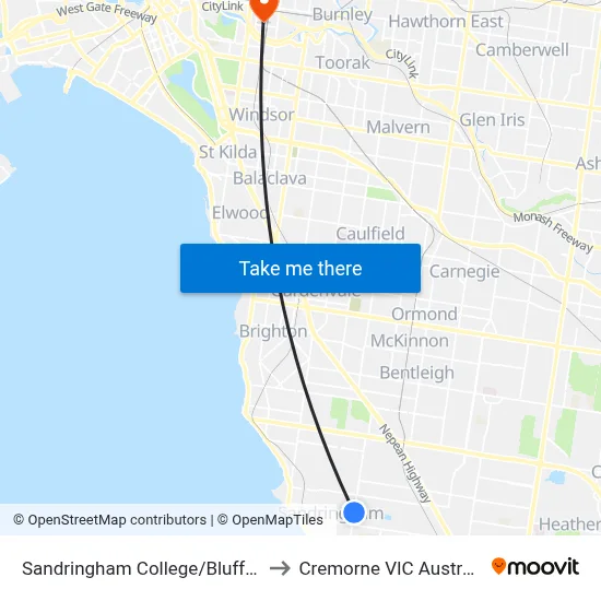 Sandringham College/Bluff Rd to Cremorne VIC Australia map