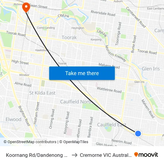 Koornang Rd/Dandenong Rd to Cremorne VIC Australia map