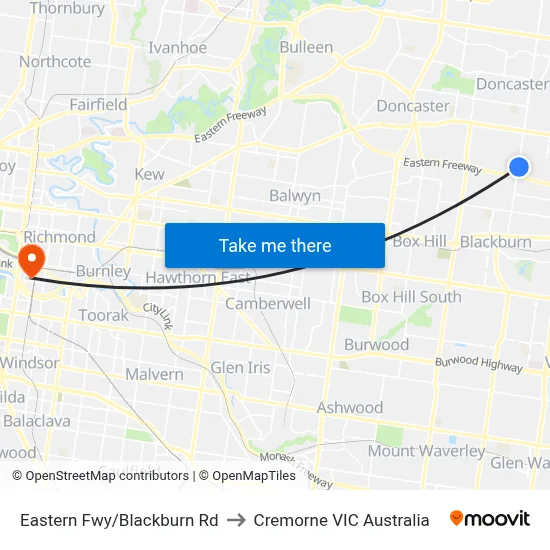 Eastern Fwy/Blackburn Rd to Cremorne VIC Australia map