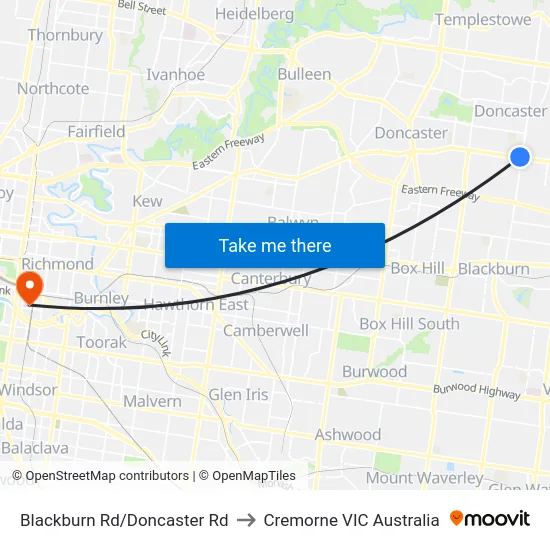 Blackburn Rd/Doncaster Rd to Cremorne VIC Australia map