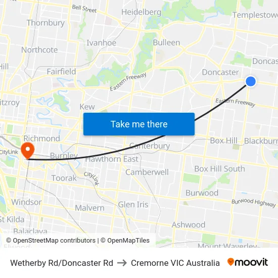 Wetherby Rd/Doncaster Rd to Cremorne VIC Australia map