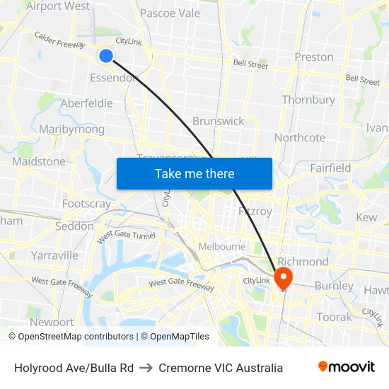 Holyrood Ave/Bulla Rd to Cremorne VIC Australia map
