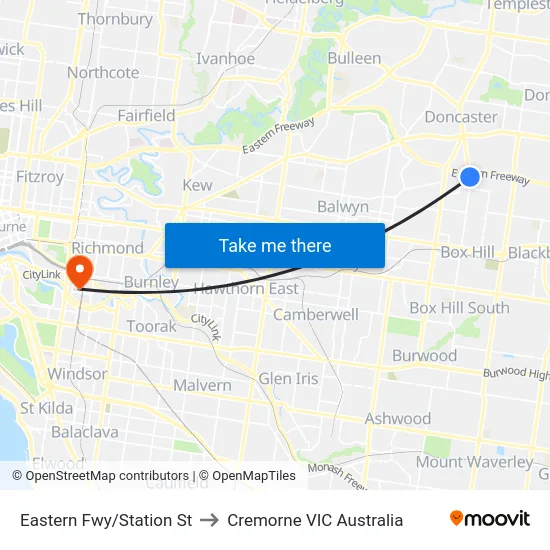 Eastern Fwy/Station St to Cremorne VIC Australia map