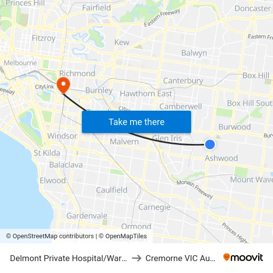 Delmont Private Hospital/Warrigal Rd to Cremorne VIC Australia map
