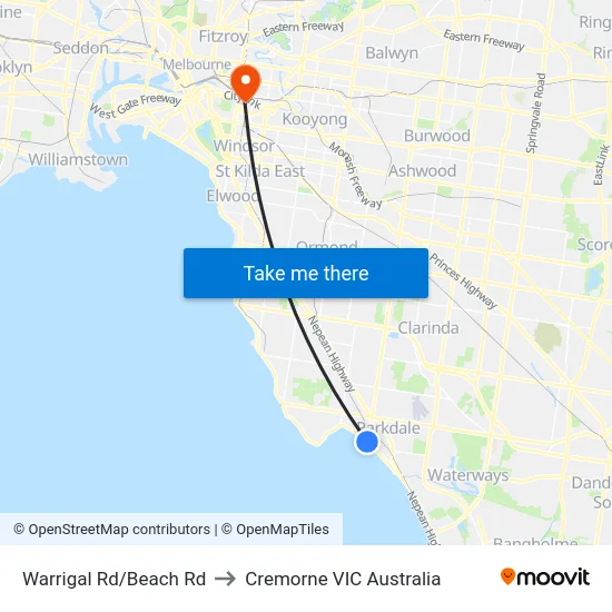 Warrigal Rd/Beach Rd to Cremorne VIC Australia map