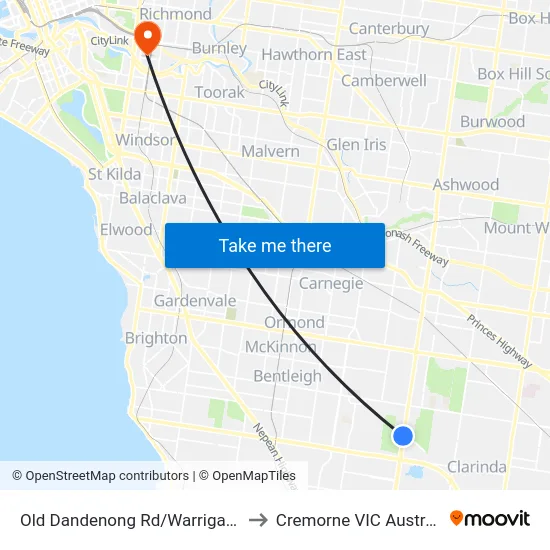 Old Dandenong Rd/Warrigal Rd to Cremorne VIC Australia map