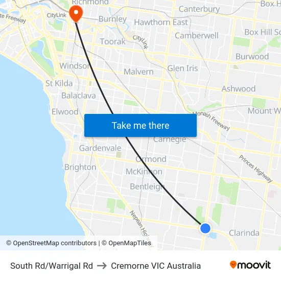 South Rd/Warrigal Rd to Cremorne VIC Australia map