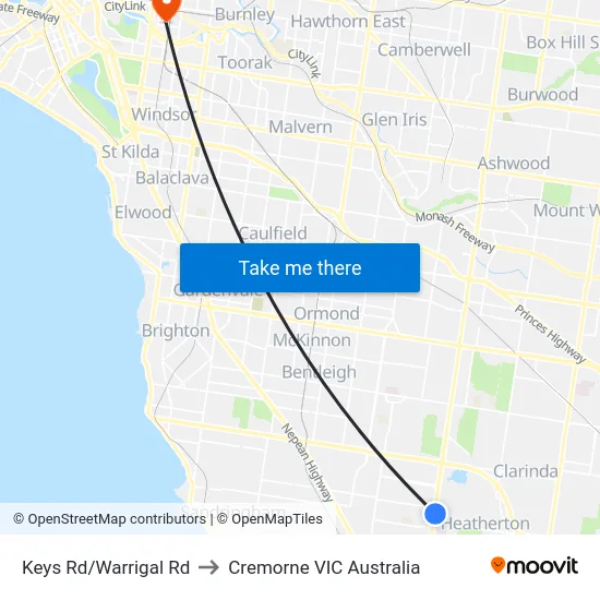 Keys Rd/Warrigal Rd to Cremorne VIC Australia map