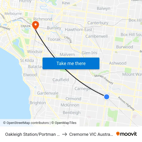 Oakleigh Station/Portman St to Cremorne VIC Australia map