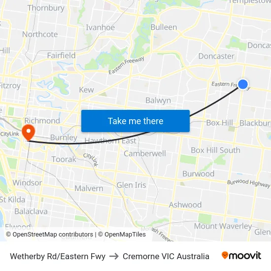 Wetherby Rd/Eastern Fwy to Cremorne VIC Australia map