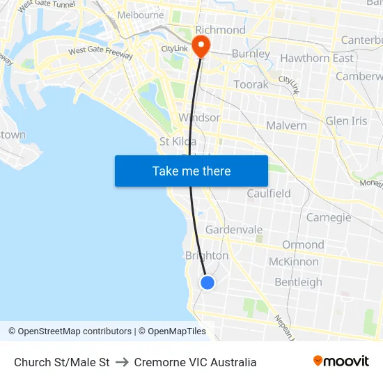 Church St/Male St to Cremorne VIC Australia map