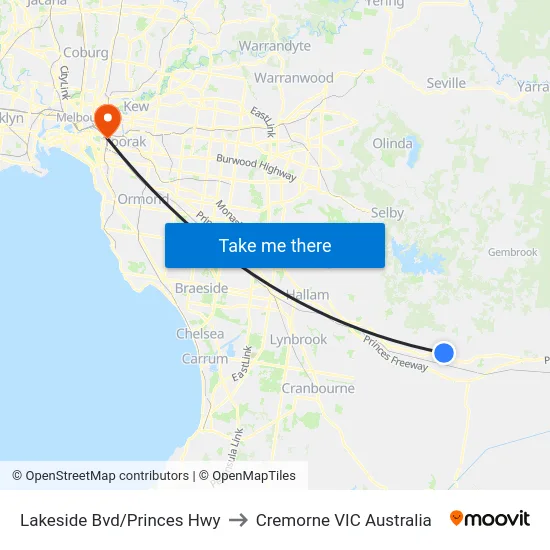 Lakeside Bvd/Princes Hwy to Cremorne VIC Australia map