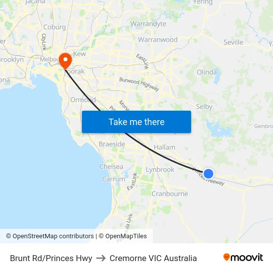 Brunt Rd/Princes Hwy to Cremorne VIC Australia map