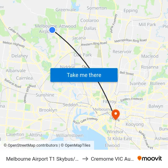 Melbourne Airport T1 Skybus/Arrival Dr to Cremorne VIC Australia map