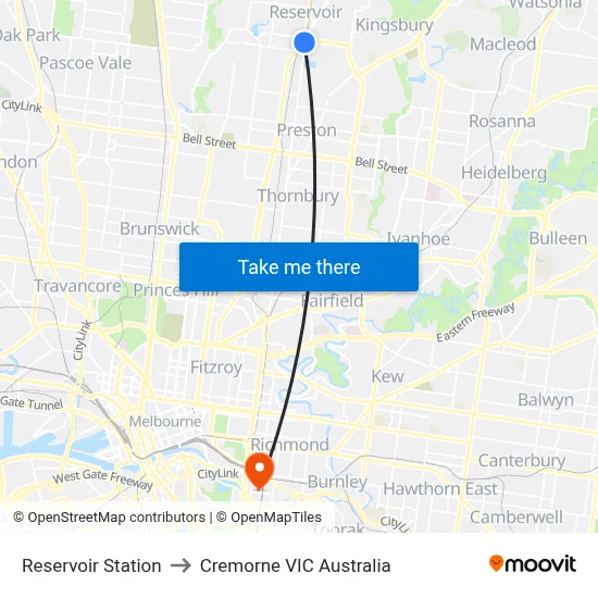 Reservoir Station to Cremorne VIC Australia map