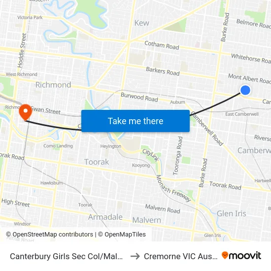 Canterbury Girls Sec Col/Malacca Rd to Cremorne VIC Australia map