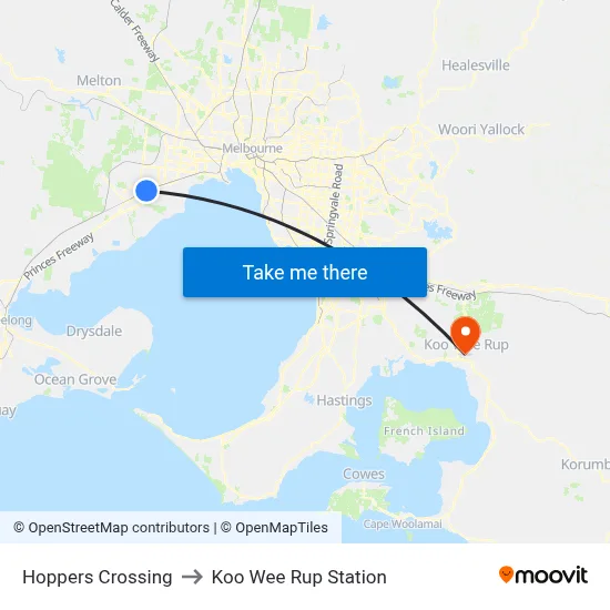 Hoppers Crossing to Koo Wee Rup Station map