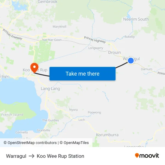 Warragul to Koo Wee Rup Station map