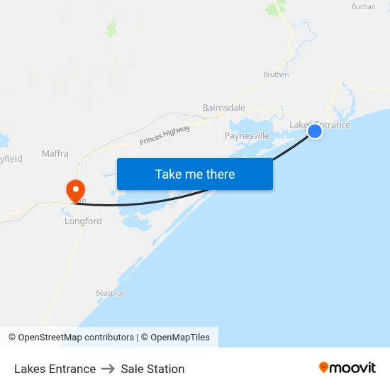 Lakes Entrance to Sale Station map