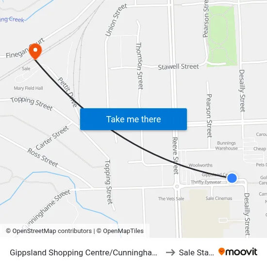 Gippsland Shopping Centre/Cunninghame St (Sale) to Sale Station map