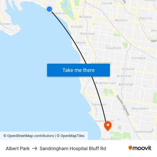 Albert Park to Sandringham Hospital Bluff Rd map