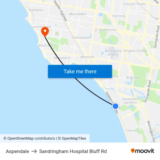 Aspendale to Sandringham Hospital Bluff Rd map