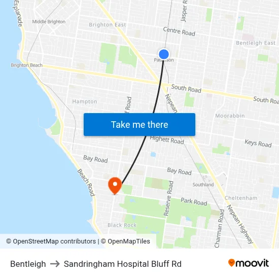 Bentleigh to Sandringham Hospital Bluff Rd map
