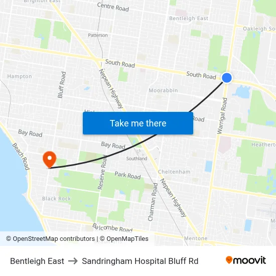 Bentleigh East to Sandringham Hospital Bluff Rd map