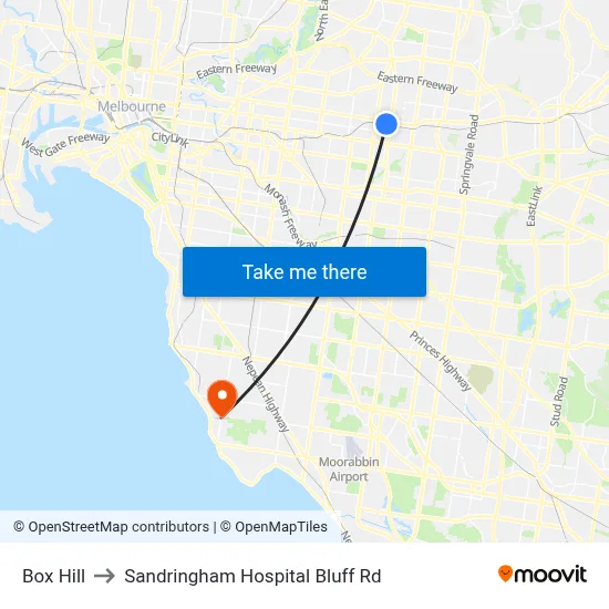 Box Hill to Sandringham Hospital Bluff Rd map