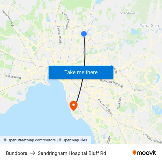 Bundoora to Sandringham Hospital Bluff Rd map