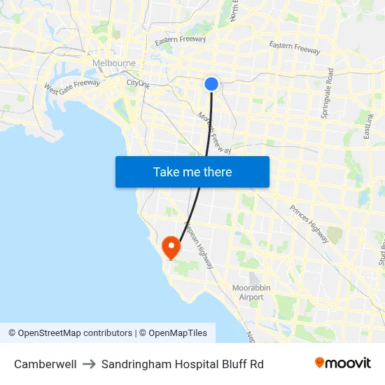 Camberwell to Sandringham Hospital Bluff Rd map