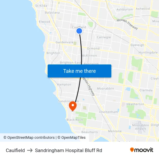 Caulfield to Sandringham Hospital Bluff Rd map