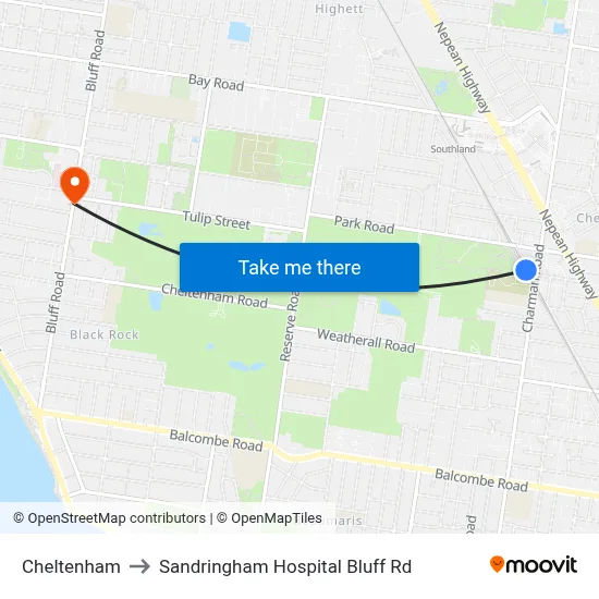 Cheltenham to Sandringham Hospital Bluff Rd map