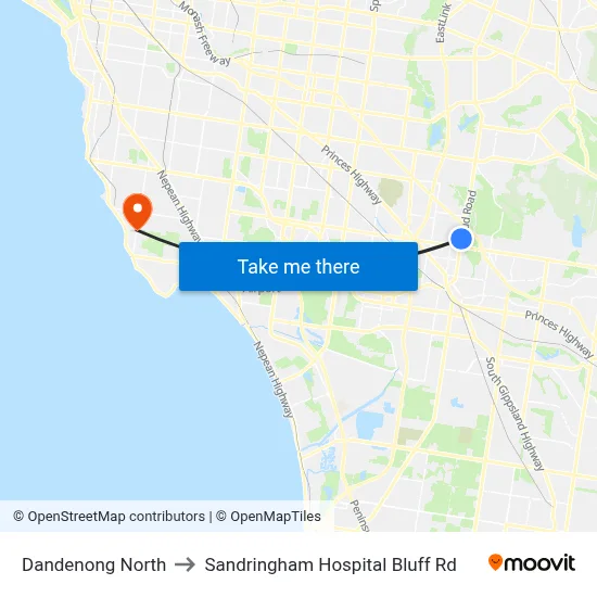 Dandenong North to Sandringham Hospital Bluff Rd map