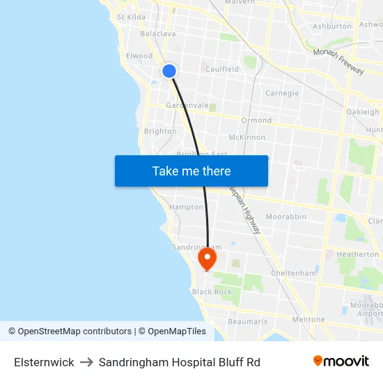 Elsternwick to Sandringham Hospital Bluff Rd map