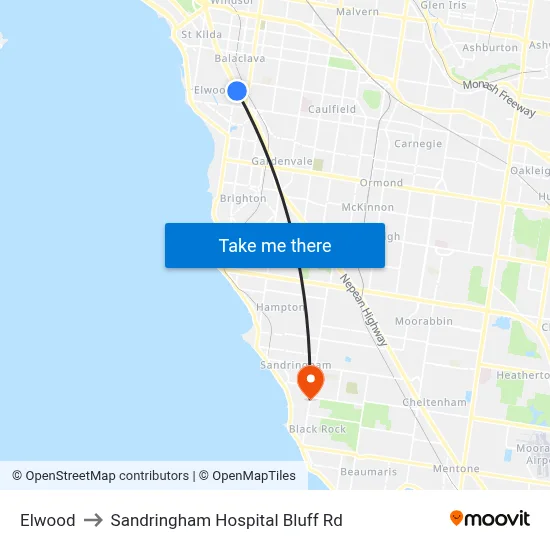 Elwood to Sandringham Hospital Bluff Rd map