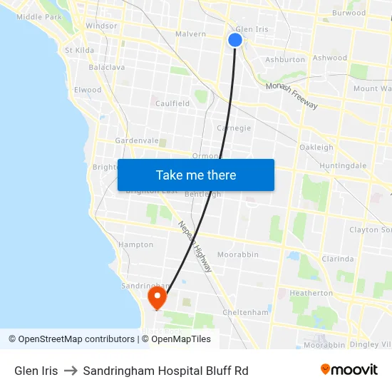 Glen Iris to Sandringham Hospital Bluff Rd map