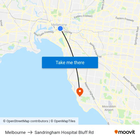 Melbourne to Sandringham Hospital Bluff Rd map