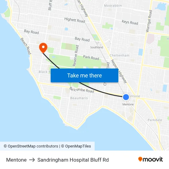 Mentone to Sandringham Hospital Bluff Rd map